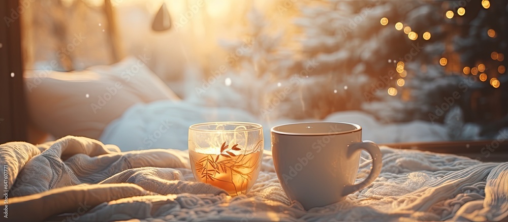 Coffee cup on bed with white color sunny Christmas Eve