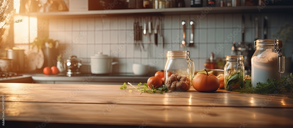 Blurred kitchen room with table top