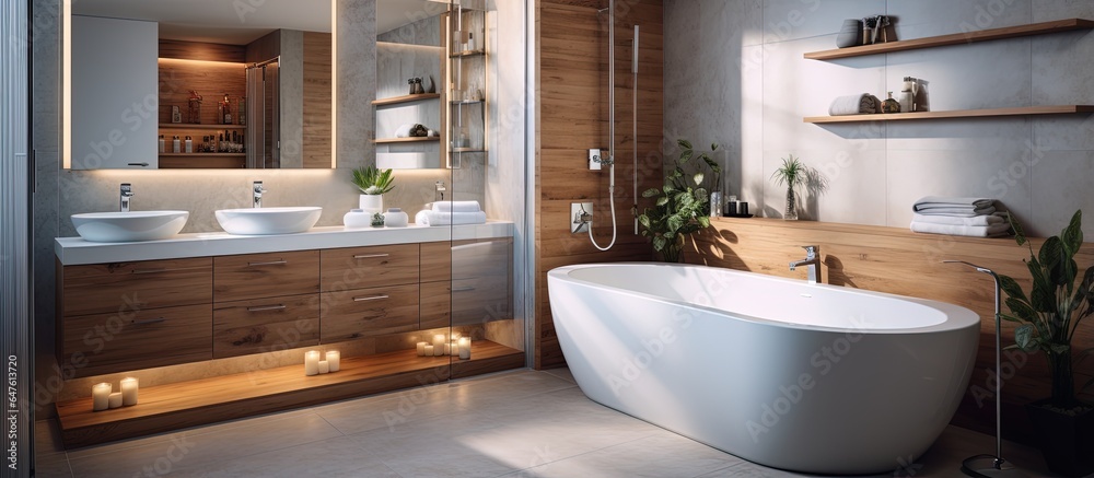 A modern spacious bathroom with oval shaped bathtub shower cabin white sinks and wooden cabinet all 