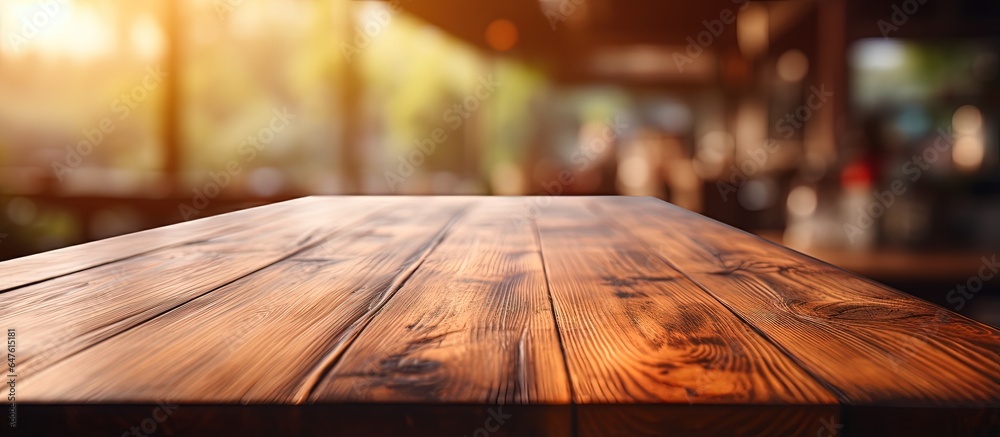 Blurred backdrop emphasizes wooden table in close up