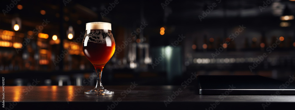 Snifter glass of light beer on bar table in a dark pub with copy space. Generative AI