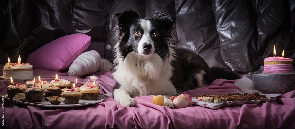 Border collie celebrates with cupcake on bed