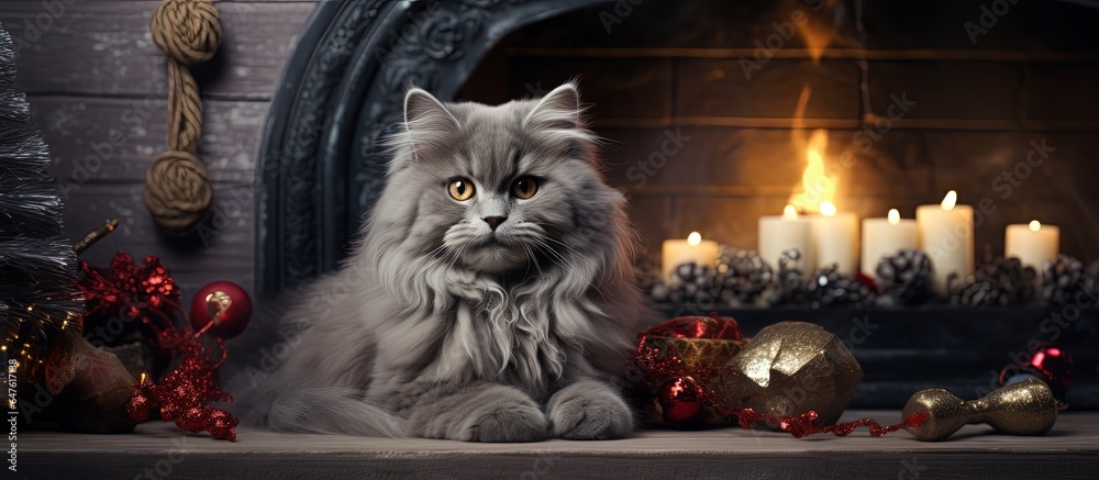 A gray cat next to a fire symbolizing winter and Christmas