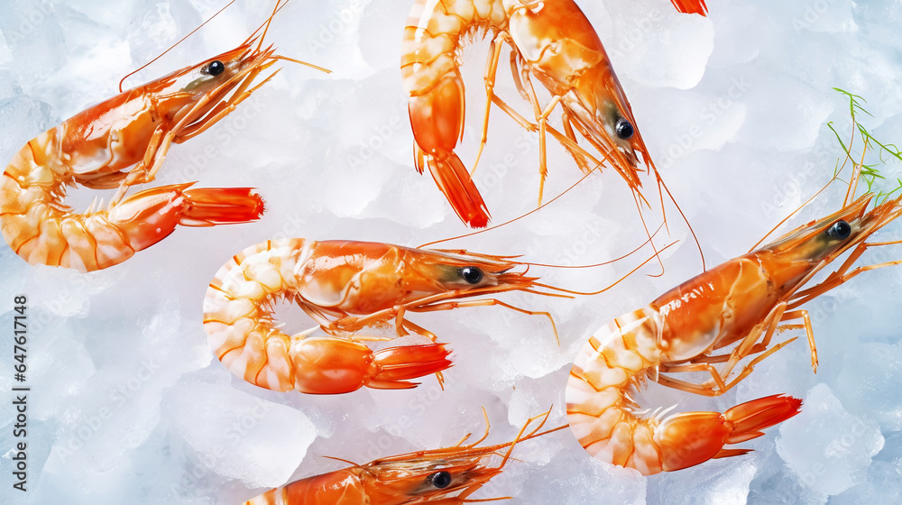 Top view of raw whole king prawns on ice. Seafood background. Generative AI