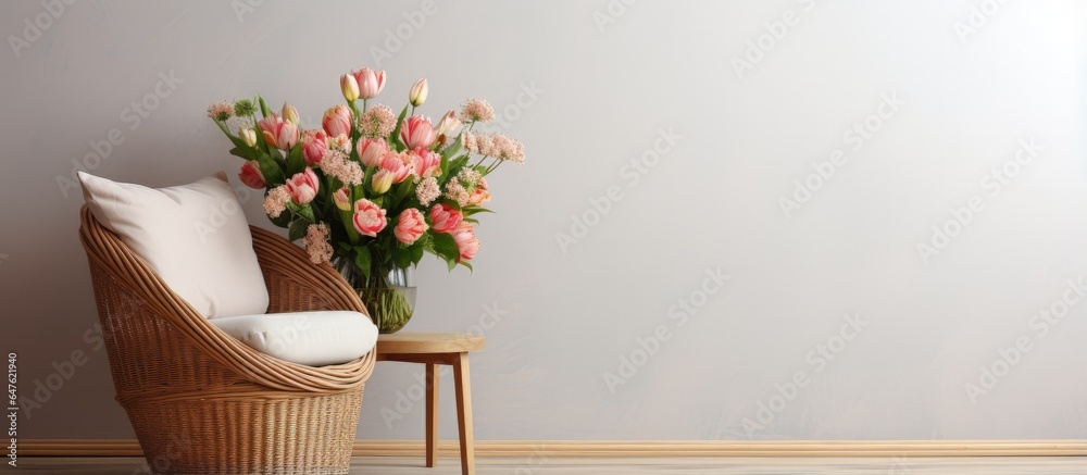 Armchair with wicker flower basket in front of wooden parquet