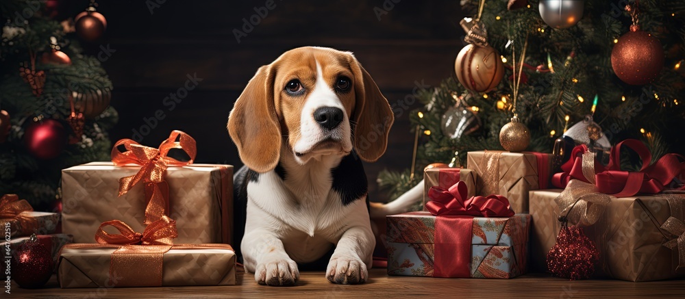 A beagle and vibrant gifts by the Christmas tree