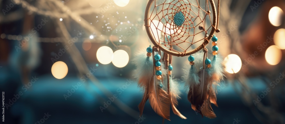 Close up of dream catcher with fresh green feathers