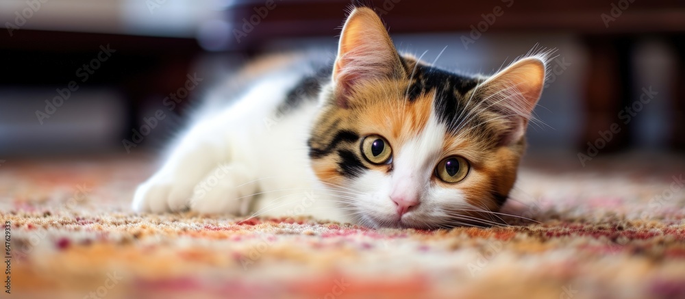 Adorable calico kitten rests on rug in living area