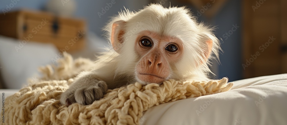 A capuchin monkey resting on a home bed