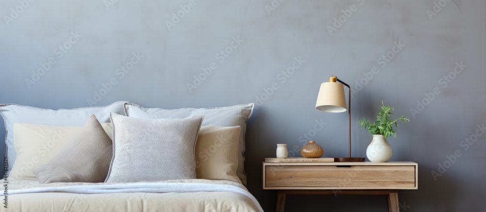 Bedroom with pillows and reading lamp on table