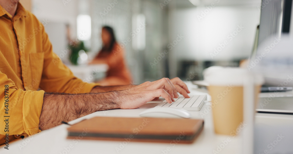 Hands, typing and person with keyboard, journalist writing article on computer at startup and creati