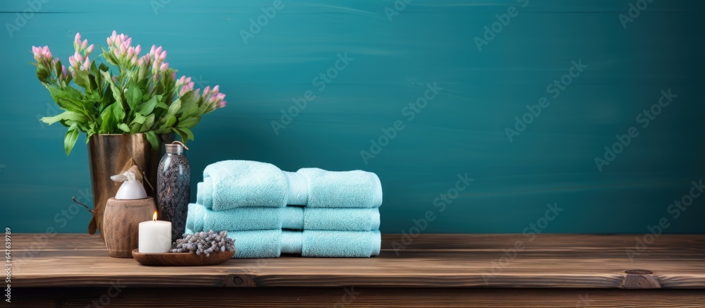 Bathing towel placed on table made of wood