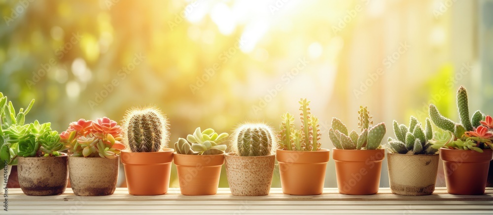 Cacti in a pot succulents in the morning sunlight