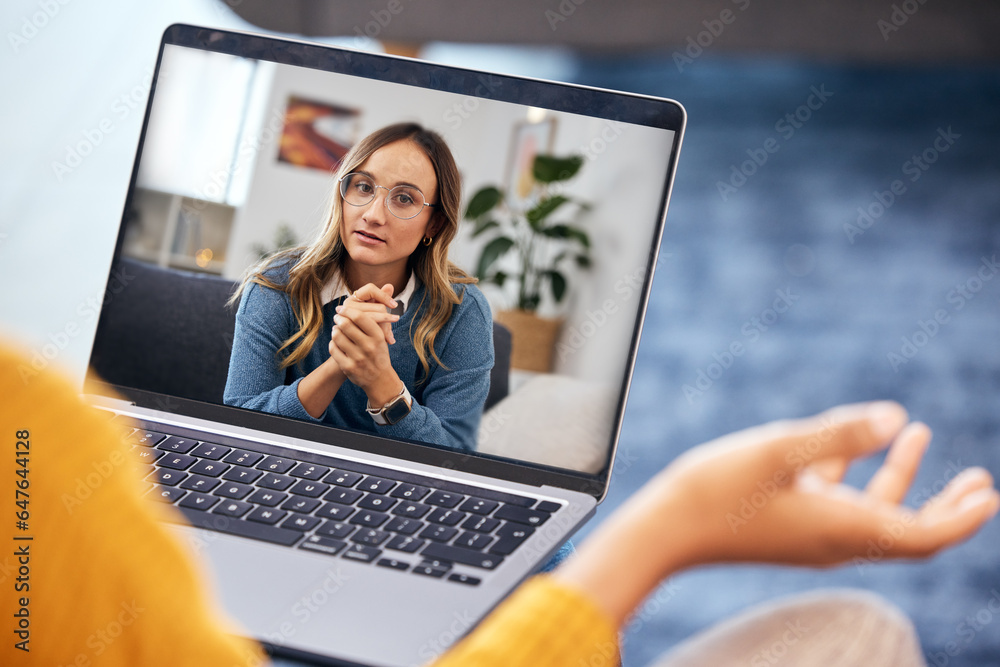 Woman, video call and therapy on laptop screen for support, advice or helping with mental health in 