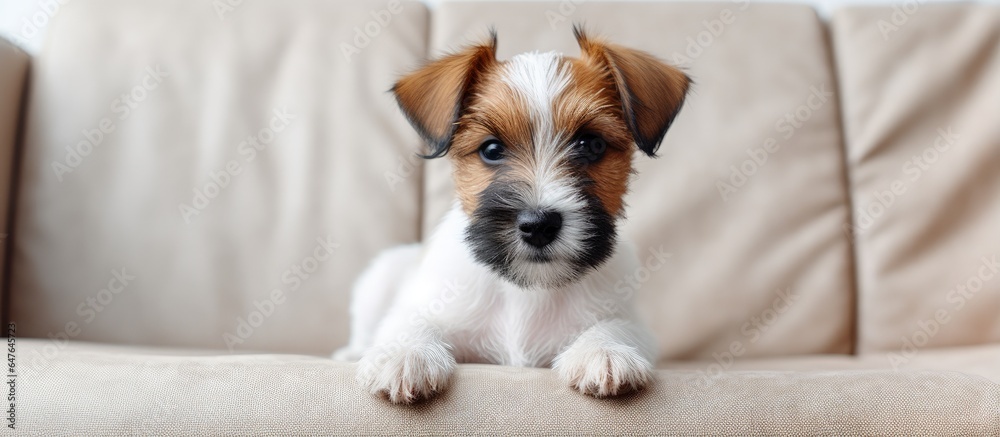 A Jack Russell puppy with unique fur sitting on a beige couch gazing at the camera