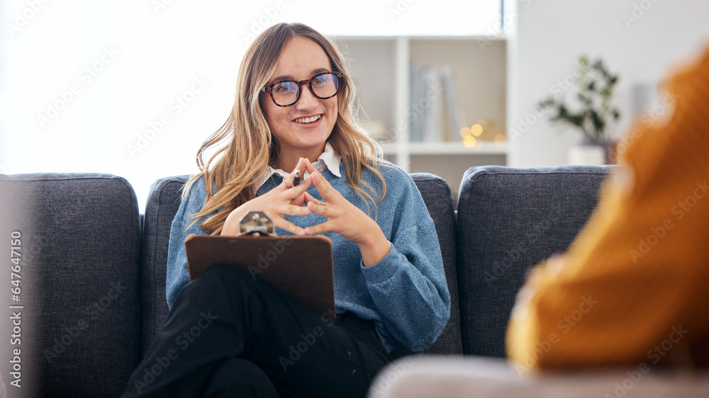 Therapist on sofa with notes, listening to patient in therapy and advice in psychology for mental he