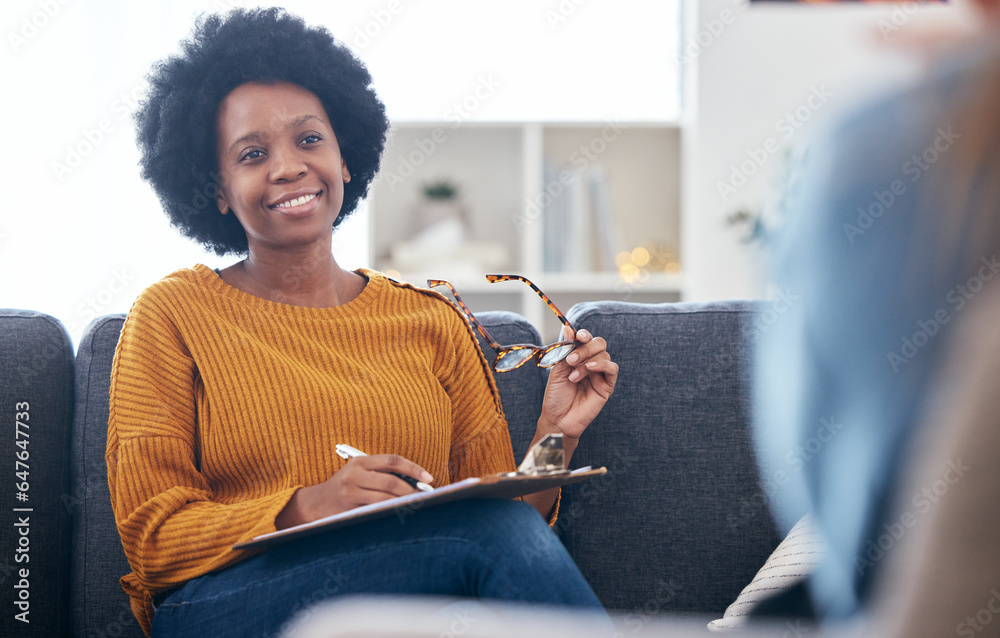 Psychologist on couch, writing notes with patient, advice and help in psychology, listening and ment