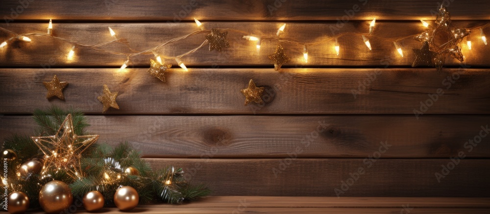 A wooden Christmas tree with garland on a wall