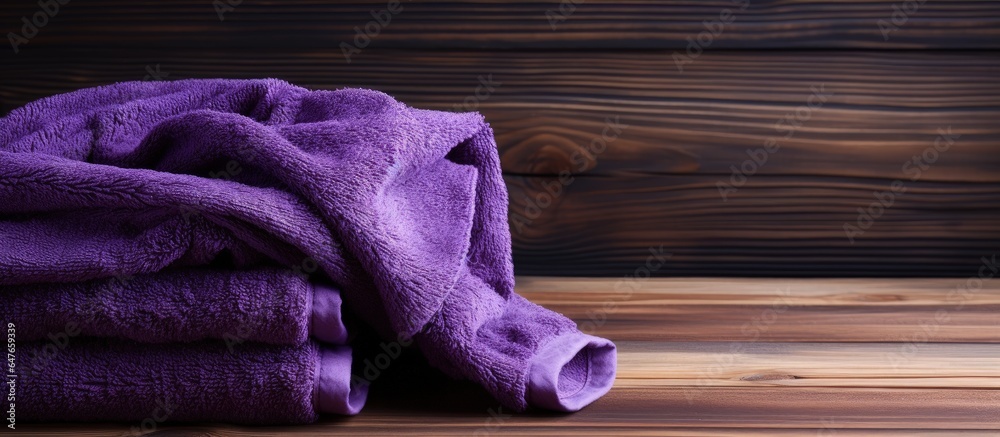 Close up horizontal photo of a vibrant purple towel on a wooden background