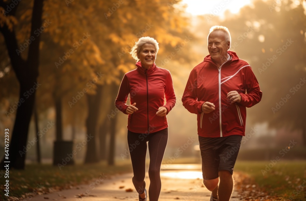 An older couple is jogging in an open field