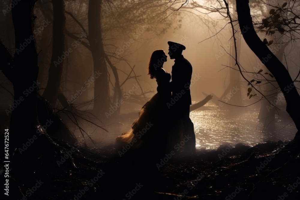 Woman and man kissing in the forest