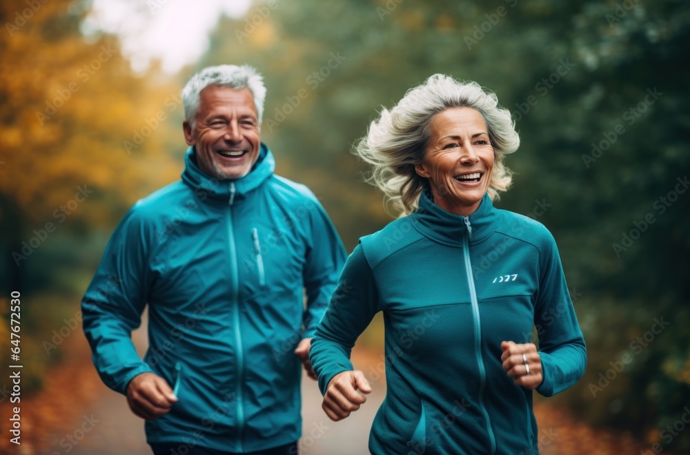 An older couple is jogging in an open field