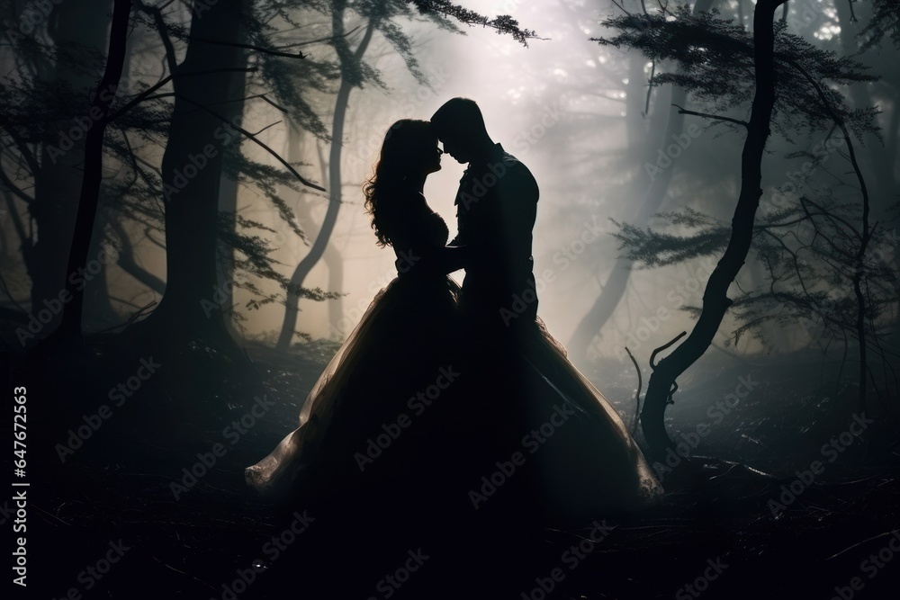 Woman and man kissing in the forest