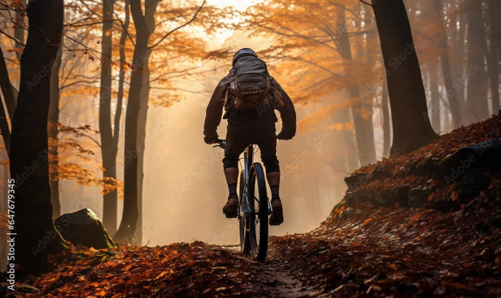 Mountain biker rides in sun autumn forest, Silhouette of biker.