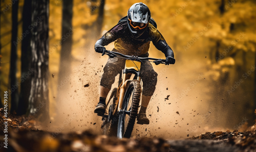 Mountain biker rides in sun autumn forest