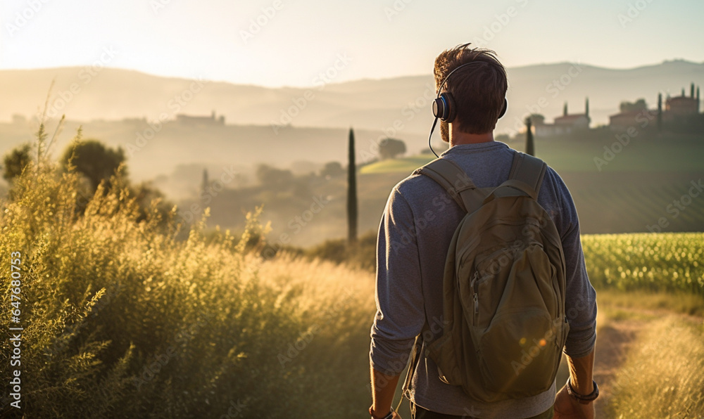 Male hiker traveling, walking alone Italian Tuscan Landscape view under sunset light, man traveler e