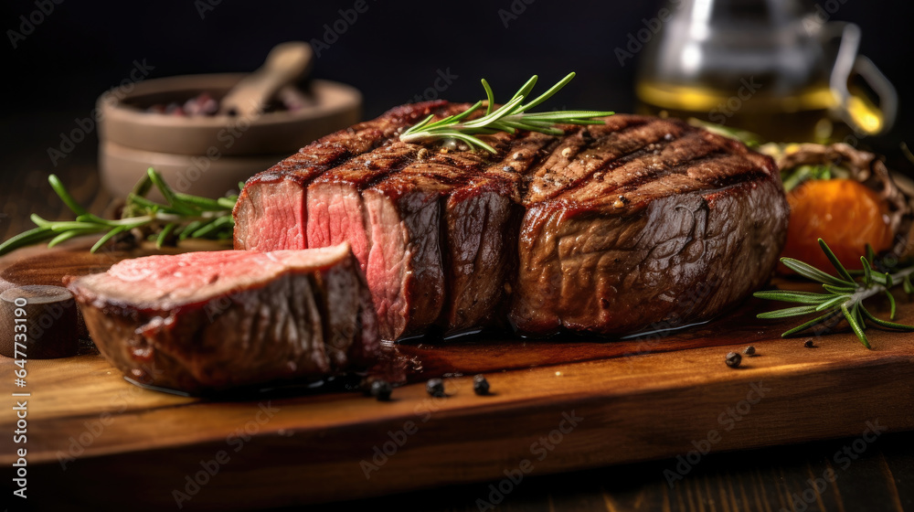 Beef, Sliced grilled meat steak Rib eye medium rare set on wooden serving board. Generative Ai