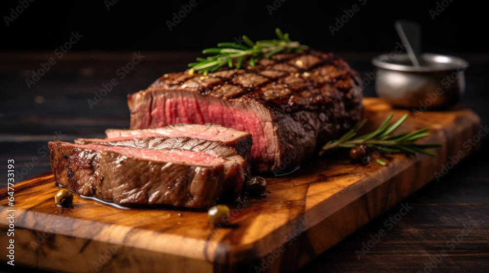 Beef, Sliced grilled meat steak Rib eye medium rare set on wooden serving board. Generative Ai