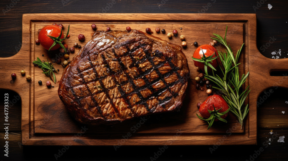 Top view of Grilled beef steak on wooden board. Generative Ai