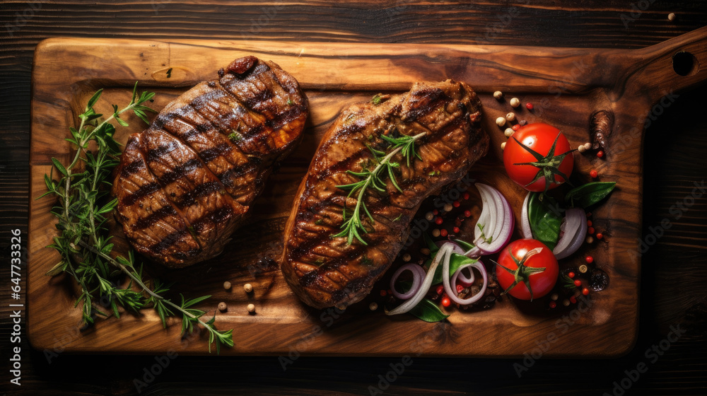 Top view of Grilled beef steak on wooden board. Generative Ai