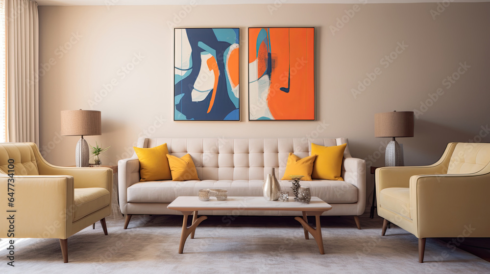 Interior Furniture, Pop art style interior design of modern living room with two beige sofas. Genera