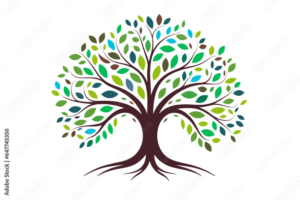 Tree of life with leaves, vector illustration of a colorful tree with roots nature