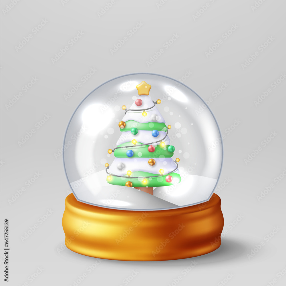 3D Glass Christmas Snow Globe with Tree Isolated. Render Spere Podium with Fir Tree. Happy New Year 