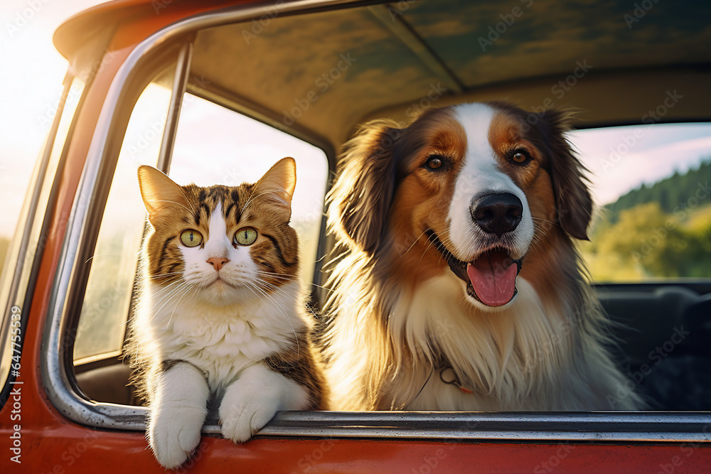 Generative AI photography of a beautiful happy best friend cat and dog riding in a car together havi