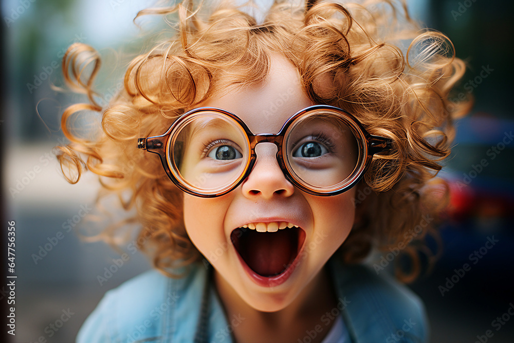 Photography of a pretty cheerful joyful child in big trendy glasses having fun generative AI