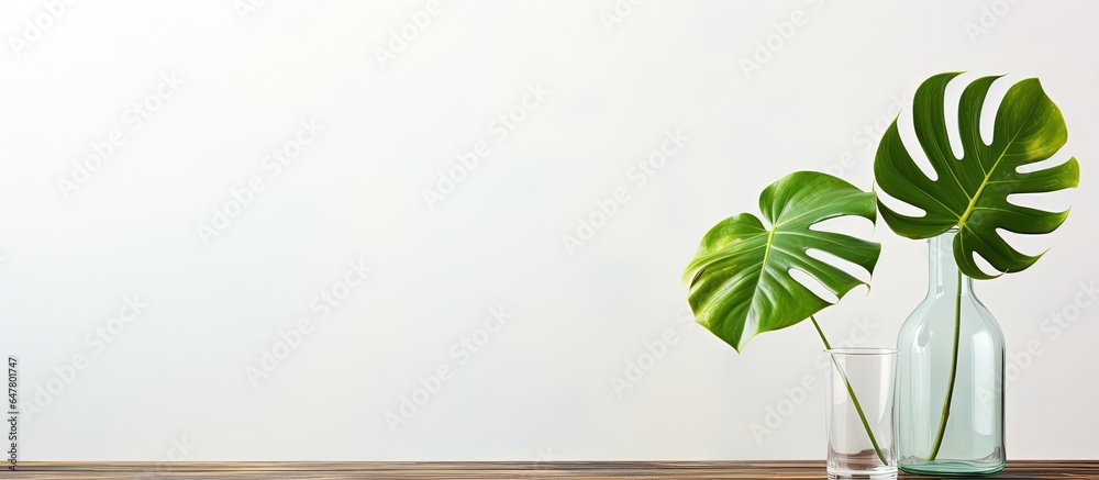 Monstera stem arranged on wooden table with water and glass against white wall in minimalist room de