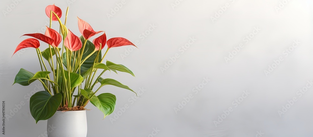 Grey ceramic pot with anthurium magnifecium in white background