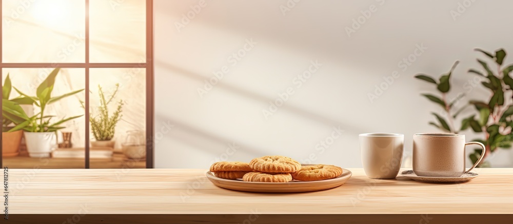 Homey breakfast with coffee and cookies set on table