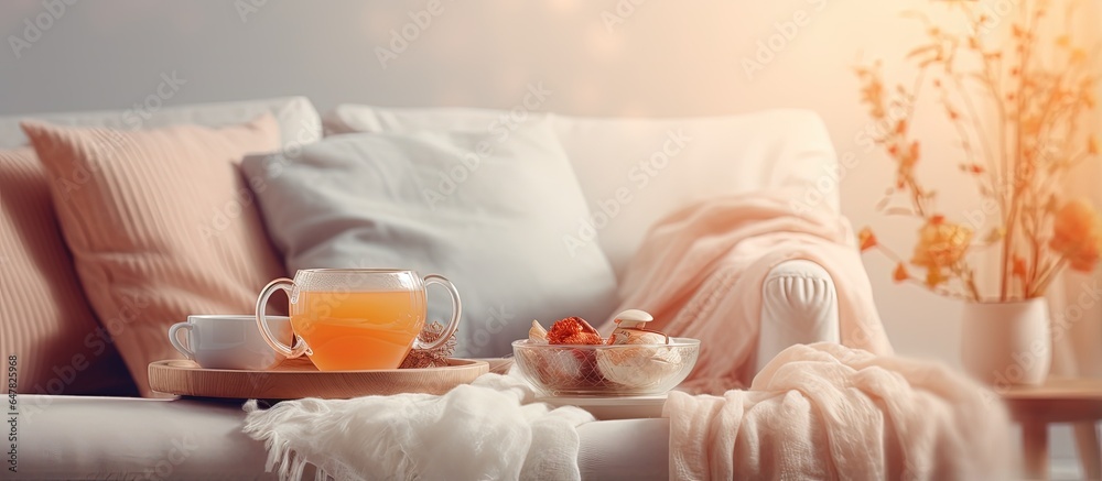 Cosy living room with modern sofa coffee tables tea time with glass teapot teacup and snacks Environ