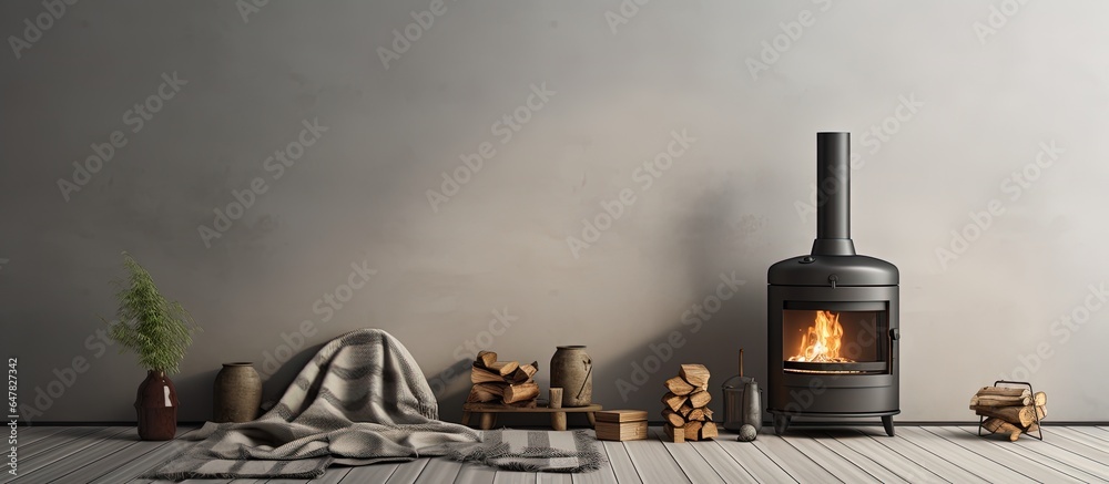 Fire in contemporary stove firewood and coffee pot Striped rug on the floor