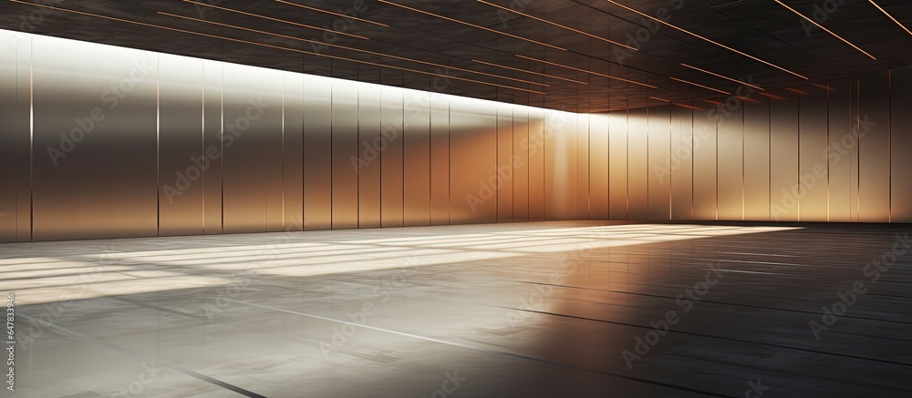 Metallic modern hall with light reflection and shadow on floor depicted through architectural illust