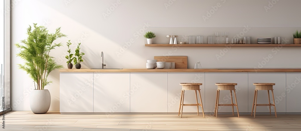 Minimalist kitchen with an eco friendly vibe and a blurring background showcasing an open cabinet fi