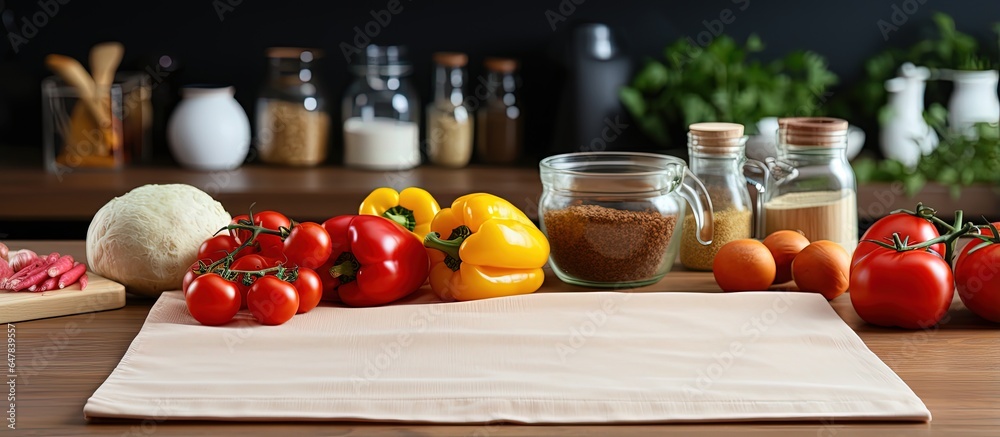 Kitchen interior with a wooden cutting board towel and kitchenware Cooking concept with space for te