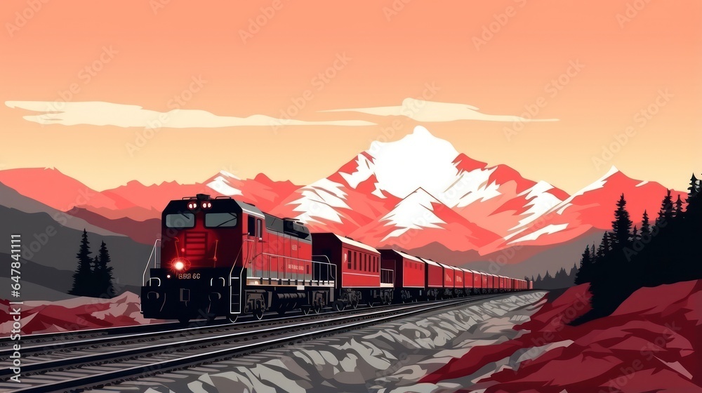 Freight red train on mountain background