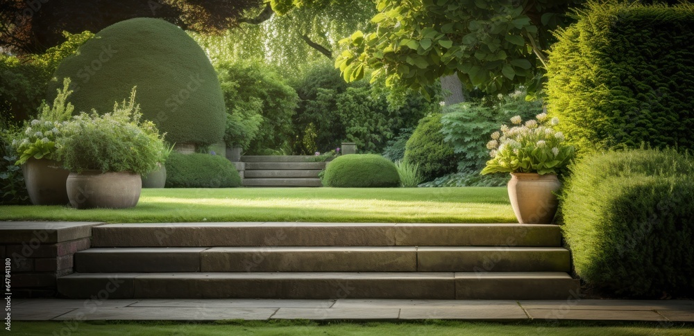 A green lawn with stairs in the middle