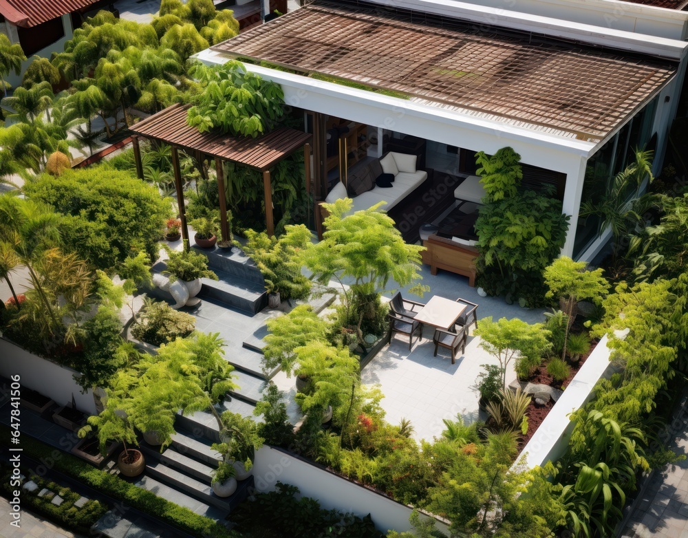 Aerial view of roof top terraced garden